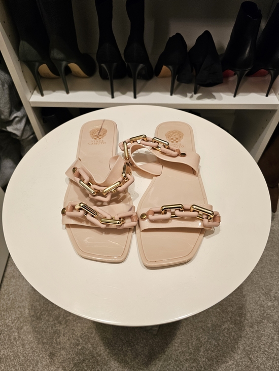 Vince Camuto Shoes - Vince Camuto Blush Pink Chain-Trim Slide Sandals